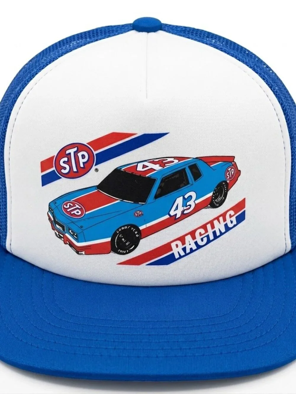 STP Racing 43 Stock Car Printed Blue White Foam Snapback Trucker Hat Petty Retro